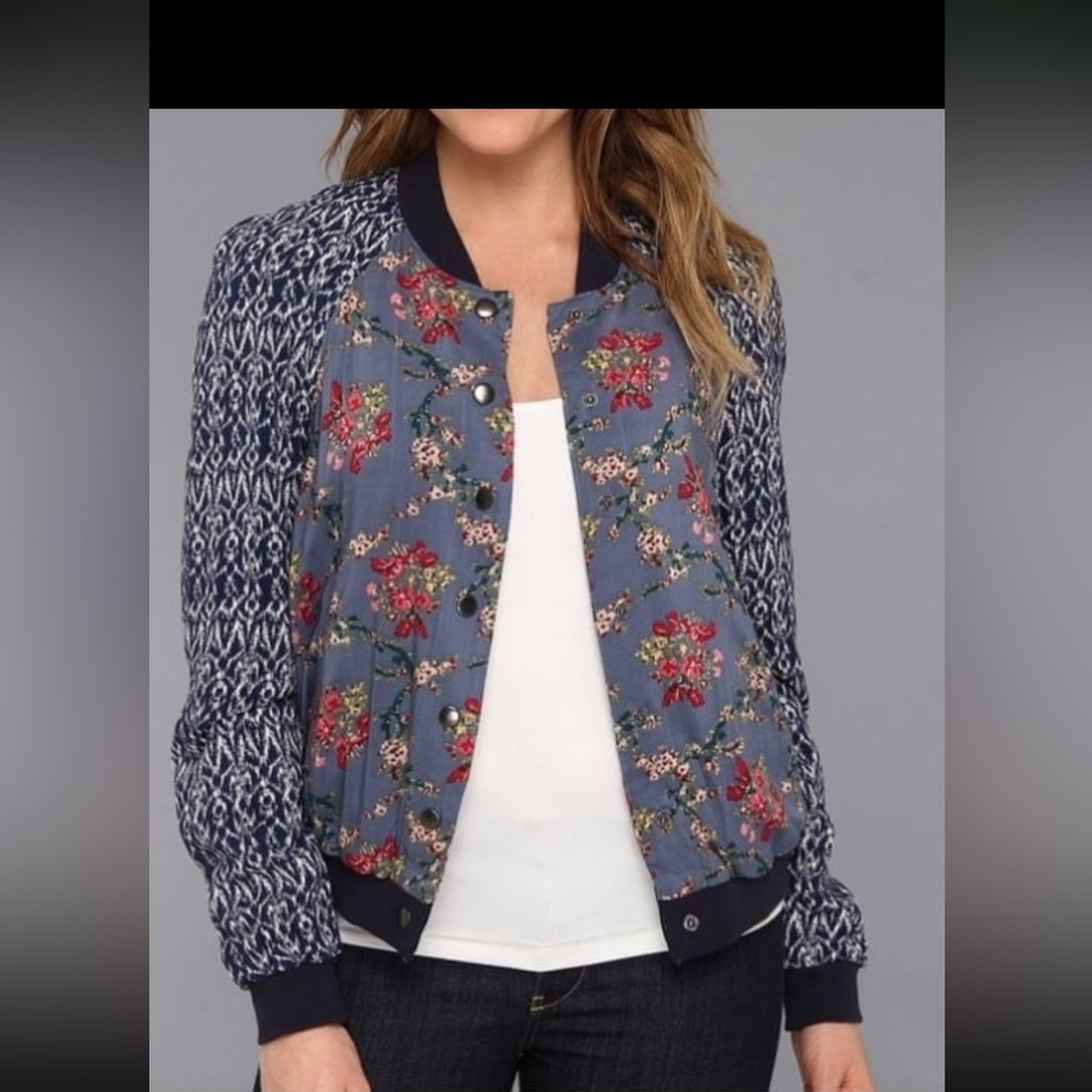 Free People Blue Floral Bomber Jacket with Navy Knit Sleeves
